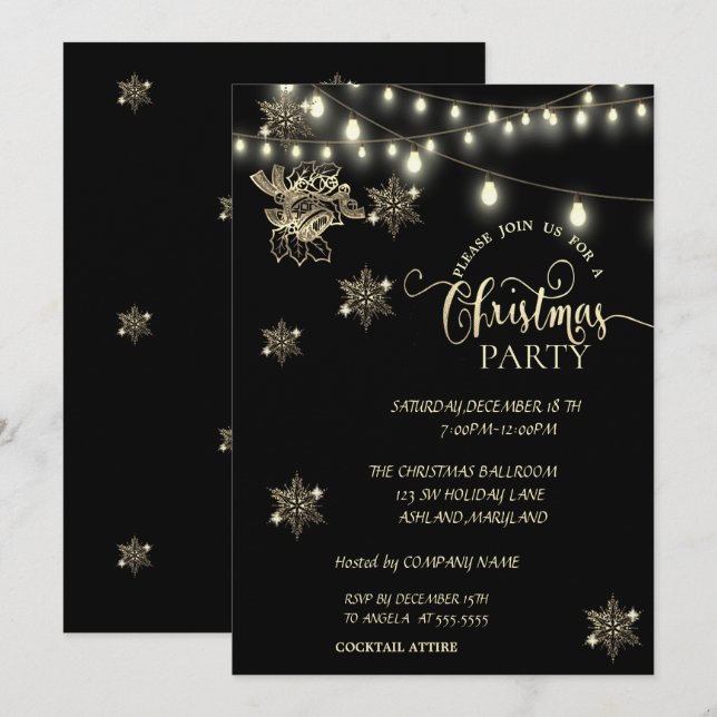 Invitación Copos de nieve, Luces, Fiesta de Navidad de la Com (Anverso / Reverso)