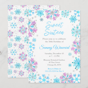 Invitación Copos de Nieve Morados y Azules Sweet Sixteen
