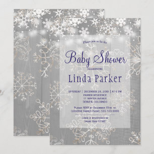 Invitación Copos de nieve navy blancos baby shower rústico de