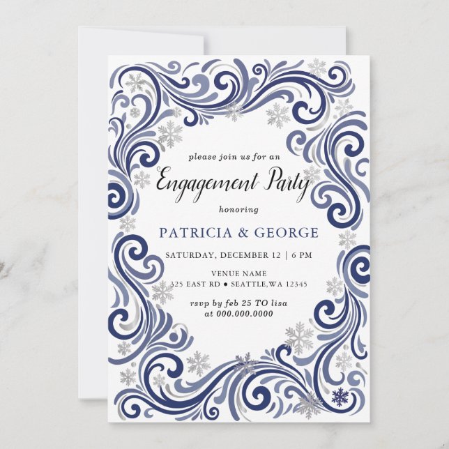 Invitación Copos de nieve plata invierno compromiso Navy (Anverso)