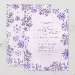 Invitación Copos de nieve plata púrpura Navidad invierno boda
