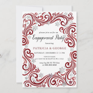 Invitación Copos de Nieve Plata Rojo Invierno Compromiso