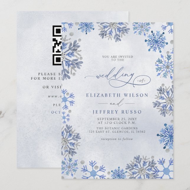 Invitación Copos de nieve plateado azul código QR boda de inv (Anverso / Reverso)