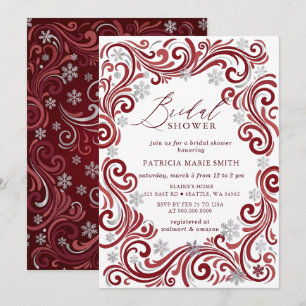 Invitación Copos de Nieve Plateado Rojo Ducha de Novia de Inv