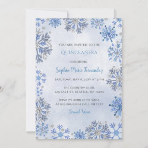 Invitación Copos de Nieve Plateados Azules Brillo Quinceañera