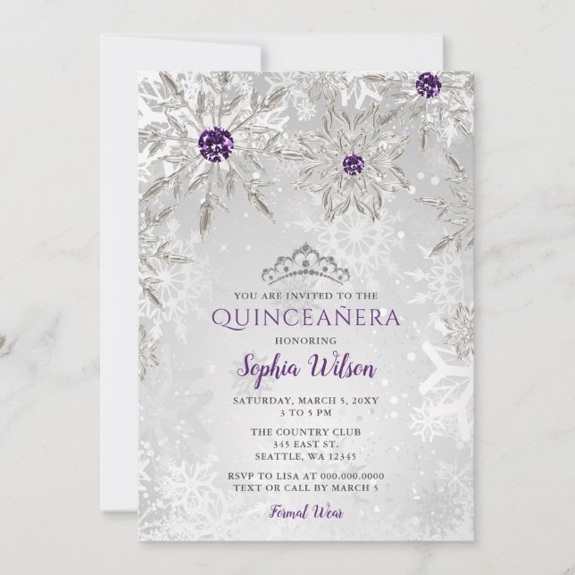 Invitación Copos de nieve púrpura de plata Tiara Quinceañera (Anverso)