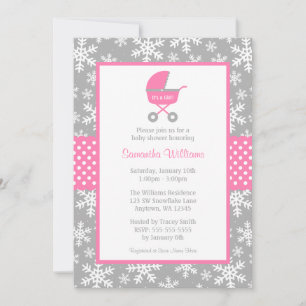 Invitación Copos de nieve rosados y grises Baby Shower del