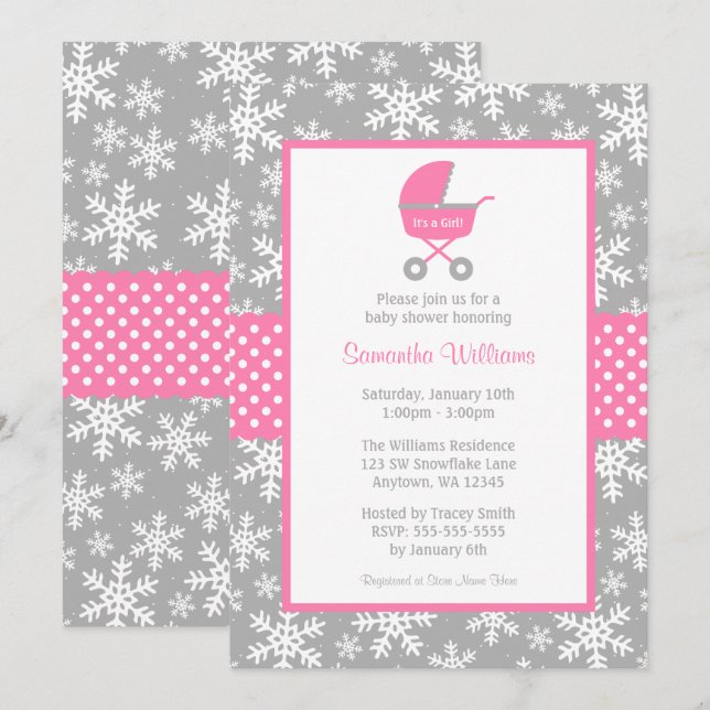 Invitación Copos de nieve rosados y grises Baby Shower del (Anverso / Reverso)
