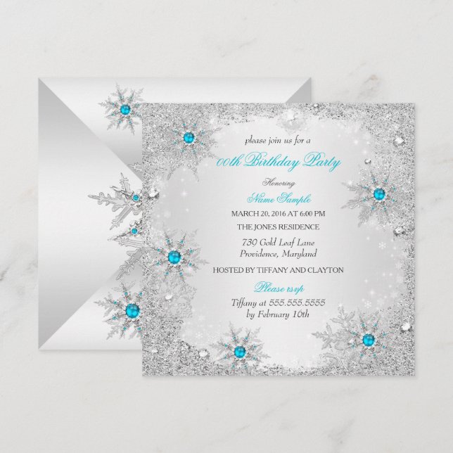 Invitación Copos de Nieve Turquesa Fiesta de Cumpleaños del I (Anverso / Reverso)