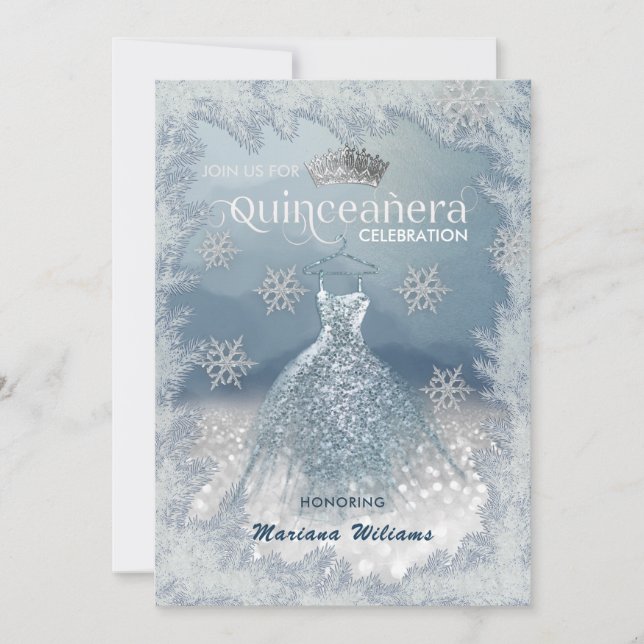Invitación Copos de nieve vestido de plata rojo tiara Quincea (Anverso)