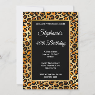 Invitación Copper Black y Glam Leopardo Dorado Cumpleaños 40
