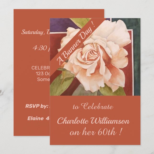 Invitación Copper Bronze Rosa acuarela Cumpleaños Floral (Anverso / Reverso)