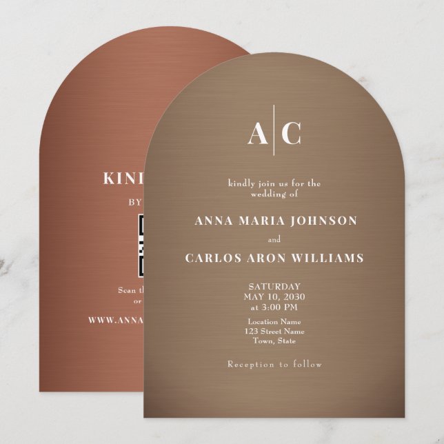 Invitación Copper Brown Arched QR Code Wedding (Anverso / Reverso)