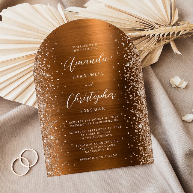 Invitación Copper Brushed Metal Glitter Arch Wedding (Subido por el creador)
