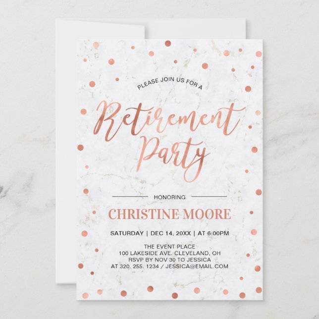Invitación Copper Confetti & Marble | Fiesta de Jubilación Mo (Anverso)
