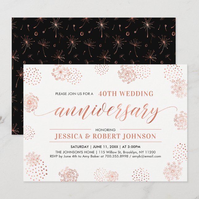 Invitación Copper | Floral Moderna Aniversario de Bodas 40 (Anverso / Reverso)