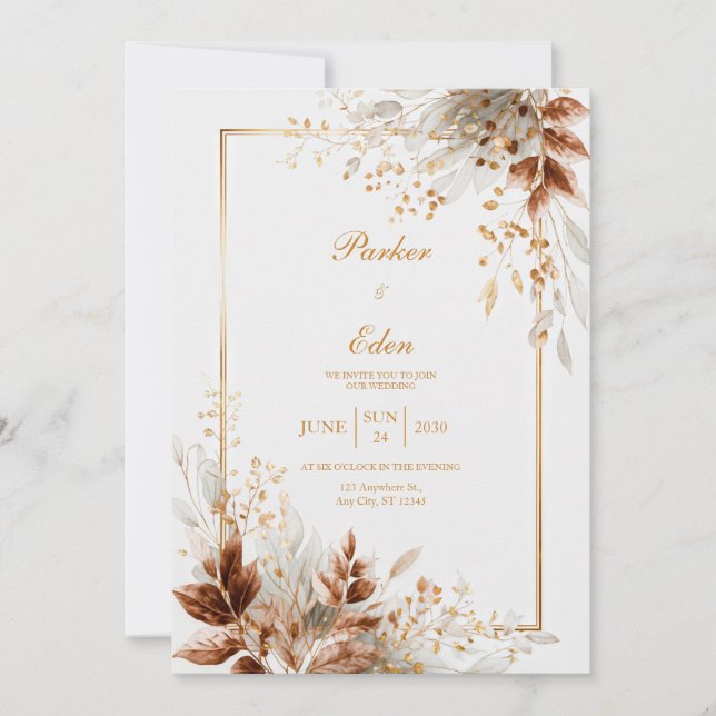 Invitación Copper Gilded Autumn Botanical Frame Wedding (Anverso)