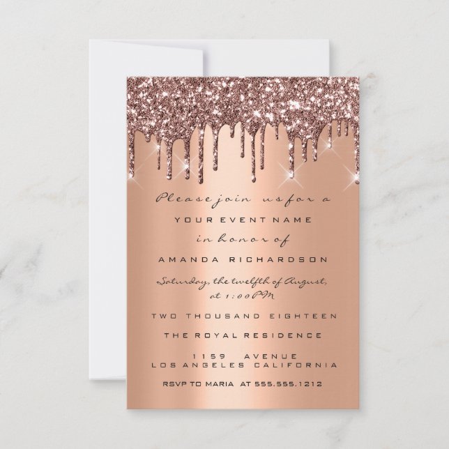 Invitación Copper Glitter Drips Rosa Dorada  Cumpleaños 16 (Anverso)