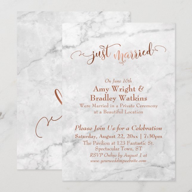 Invitación Copper Just Married sobre Mármol Blanco (Anverso / Reverso)