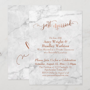 Invitación Copper Just Married sobre Mármol Blanco