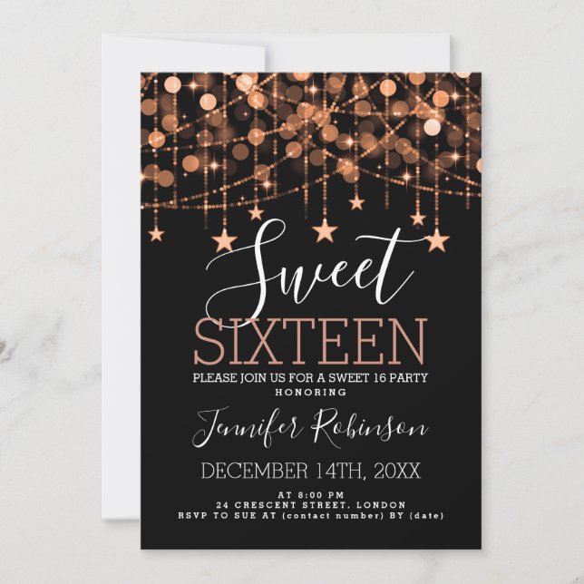 Invitación Copper Sweet 16 Birthday Sparkly String Lights (Anverso)