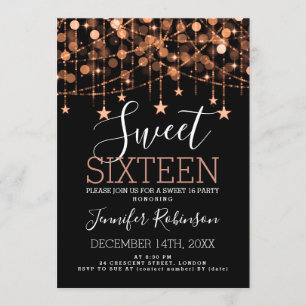 Invitación Copper Sweet 16 Birthday Sparkly String Lights