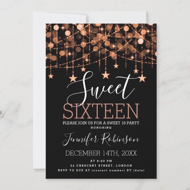 Invitación Copper Sweet 16 Cumpleaños Sparkly String Lights I (Anverso)