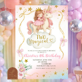 Invitación Coqueta Arcoíris Pastel Unicornio DOS Cumpleaños M