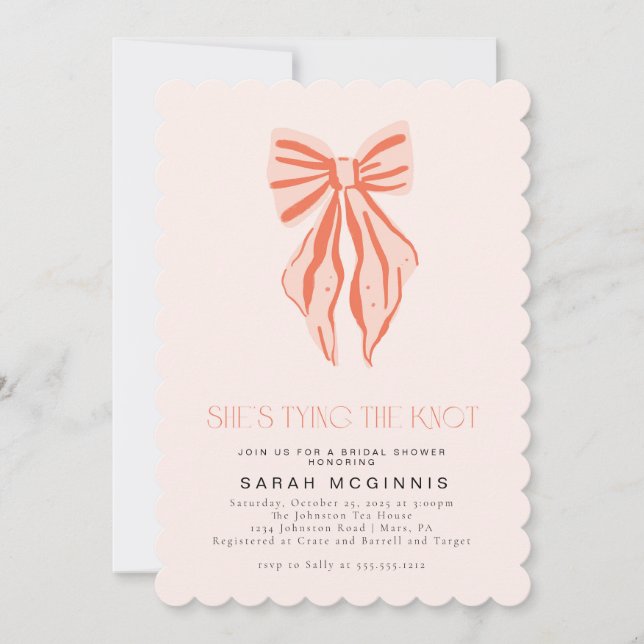 Invitación Coqueta atando el nudo de la ducha de la novia roj (Anverso)