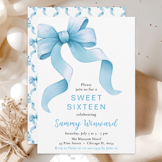 Invitación Coqueta Azul Bow Sweet Dieciséis (Subido por el creador)