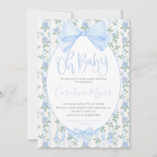 Invitación Coqueta azul floral Bow Baby Boy (Anverso)