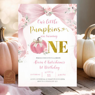 Invitación Coqueta Calabaza Cumpleaños 1er lazo rosa