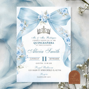Invitación Coqueta Corona Floral Azul Quinceañera