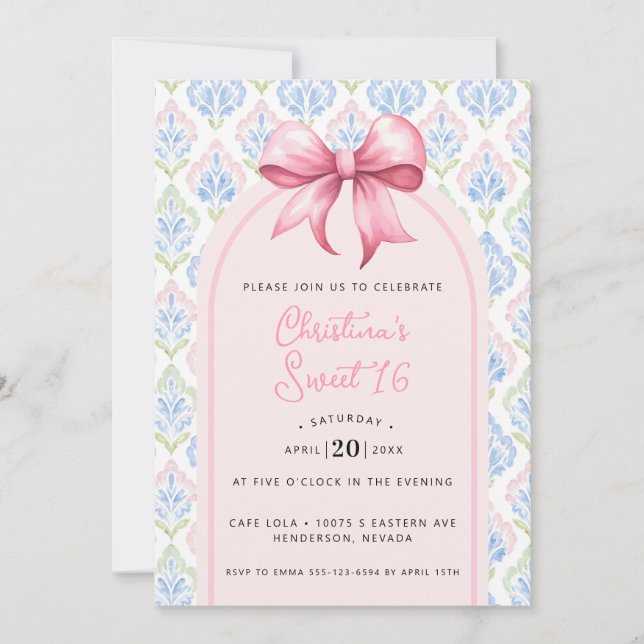 Invitación Coqueta Cumpleaños 16 con Lazo Rosa Dulce (Anverso)