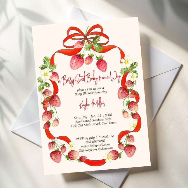 Invitación Coqueta de arándano de fresa de coco de bebé ducha (Strawberry ribbon bow coquette berry sweet baby shower invitation template summer berries red bow)