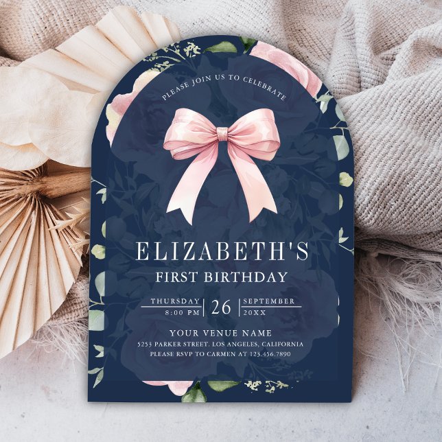 Invitación Coqueta de Floral Rosa Bow Marina Azul primer cump (Subido por el creador)