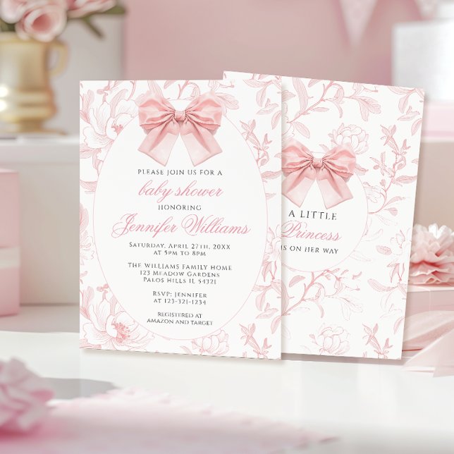 Invitación Coqueta de floral rosa lindo Bow Baby Shower (Subido por el creador)