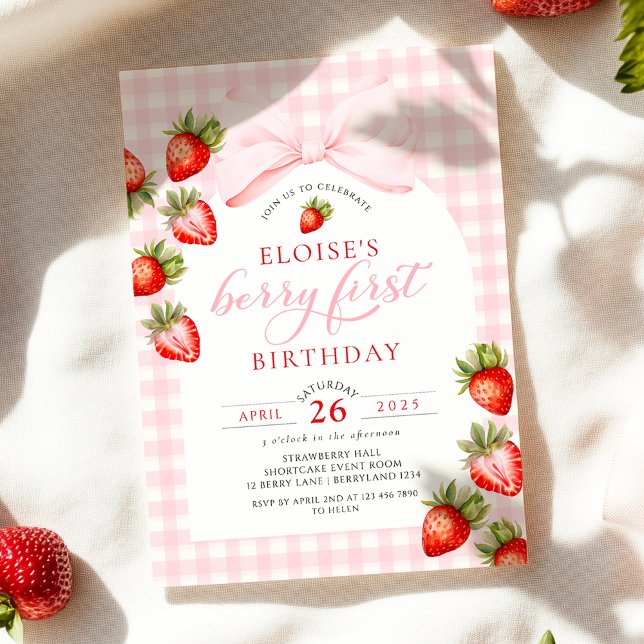 Invitación Coqueta de Fresa a Cuadros Primera Cumpleaños (Subido por el creador)