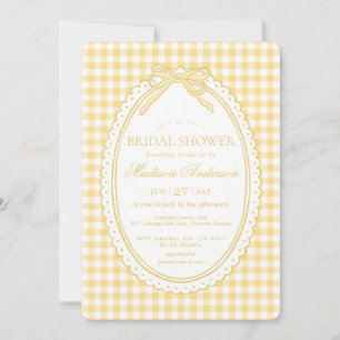 Invitación Coqueta de gingham amarillo con lazo para despedid