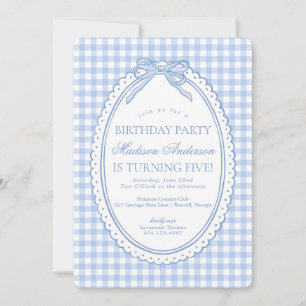 Invitación Coqueta de Gingham Azul Fiesta de Cumpleaños con L