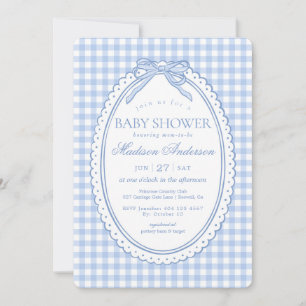 Invitación Coqueta de gingham azul para baby shower