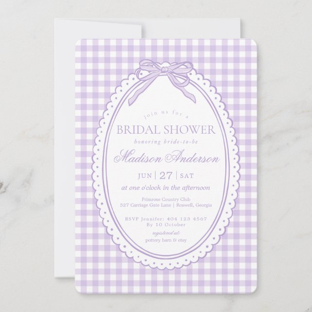 Invitación Coqueta de gingham morado con lazo para despedida  (Anverso)