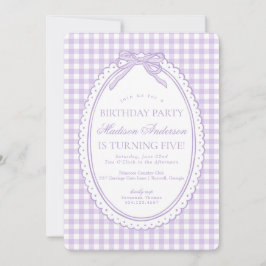 Invitación Coqueta de gingham morado para fiesta de cumpleaño