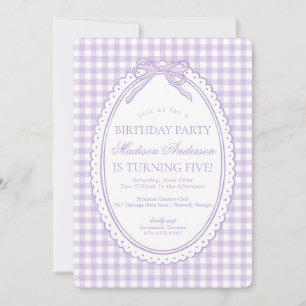 Invitación Coqueta de gingham morado para fiesta de cumpleaño