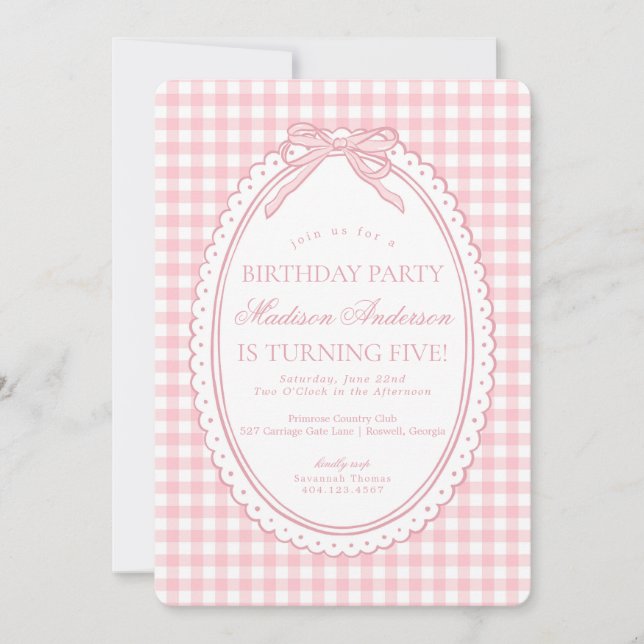 Invitación Coqueta de gingham rosa para fiesta de cumpleaños (Anverso)