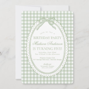 Invitación Coqueta de Gingham Verde Cumpleaños con Lazo