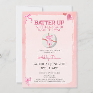 Invitación Coqueta de Lazo Rosa Bebé Beisbol Fiesta de Revela