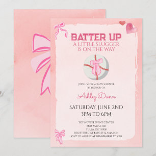Invitación Coqueta de Lazo Rosa Bebé Beisbol Fiesta de Revela