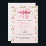Invitación Coqueta de lazo rosa Cumpleaños 16 dulce<br><div class="desc">Esta hermosa invitación de cumpleaños Sweet 16 presenta un lazo rosa. Alrededor del borde hay un borde de rosa de cottage rosa. Puedes personalizar con todos los detalles para tu evento especial. La parte trasera tiene un patrón de enrejado de rosa de jardín de cottage.</div>