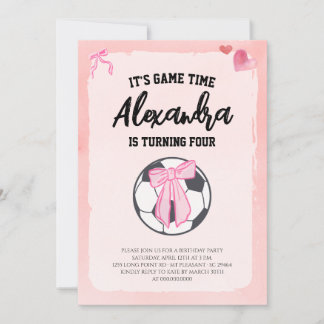 Invitación Coqueta de lazo rosa fiesta de cumpleaños de fútbo